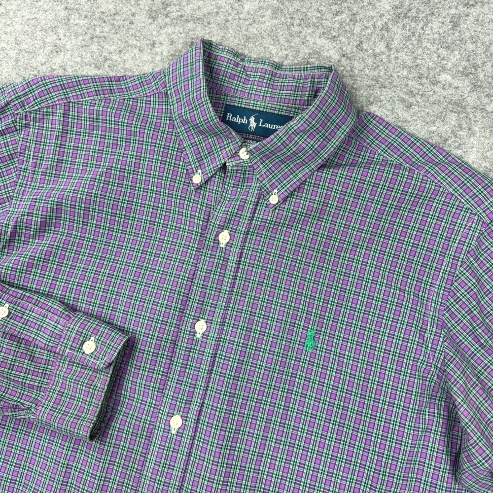 Polo Ralph Lauren Shirt Mens Large Purple Green Plaid Classic Fit Button Down